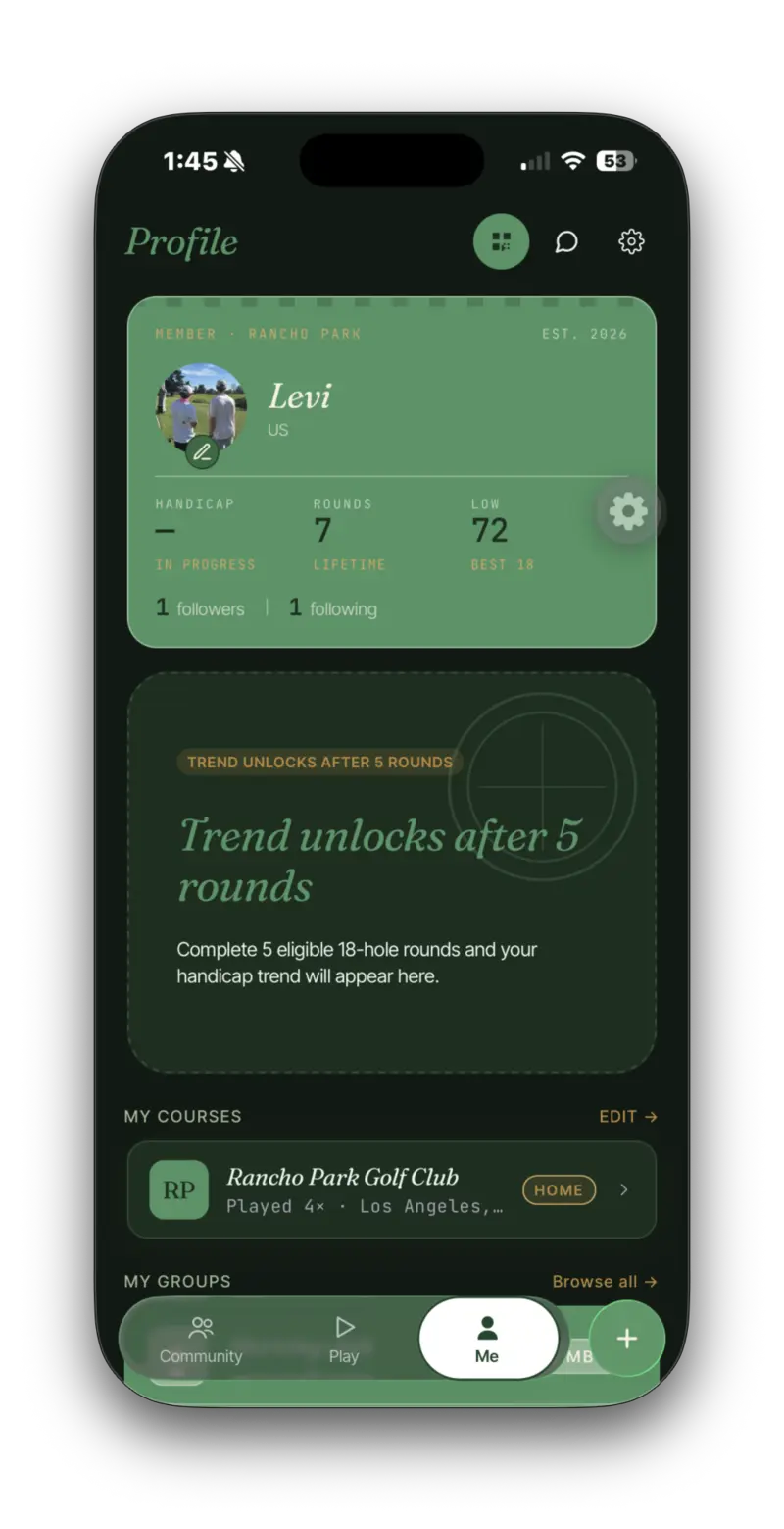 A TeeTalk golfer profile with handicap and course history